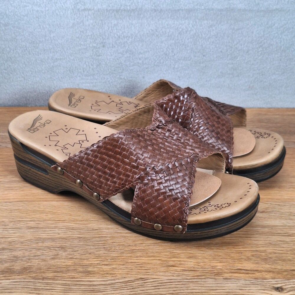 Dansko Mila Women's 11.5 EU 42 Basket Weave Slide Sandals Brown Leather Shoes